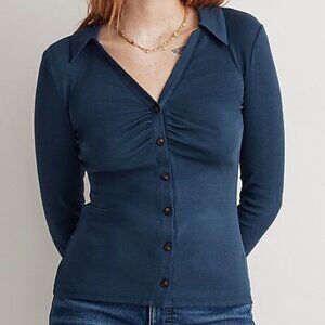 NWOT Madewell Ruched Polo Cardigan in Craftsman Blue - size XXS